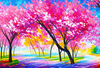 Obraz na płótnie Canvas Oil painting landscape art with multicolored forest, surreal sakura trees with colorful leaves, artistic vision of spring
