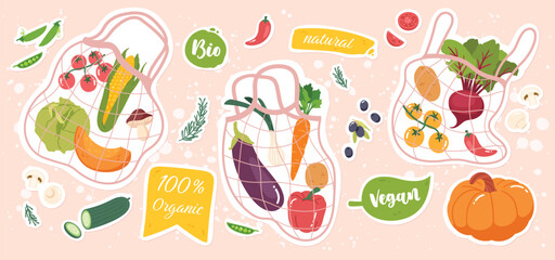 Natural vegetables food in net shopping bags. Raw organic tomatoes, pepper, carrot ingredients groceries purchases. Various vegan agriculture products stickers background flat vector illustration