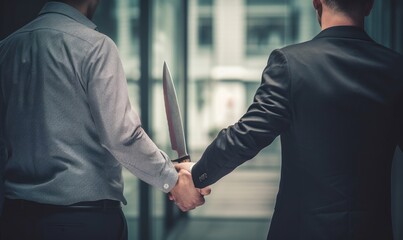 Back view of businessman shaking hands with another businessman while holding a knife behind his back. Concept of back backstabbing in business, backstabbing between, Generative AI