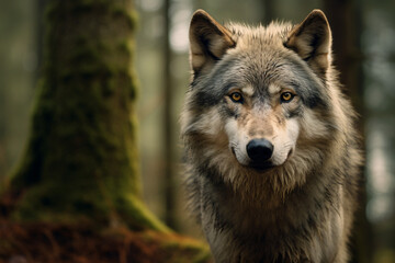 Naklejka na ściany i meble Portrait of a wolf in the forest