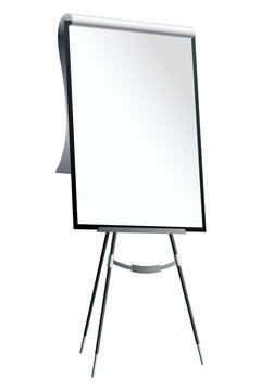 Flipchart mockup. Presentation and seminar whiteboard with blank paper sheets. Flip chart on tripod with space for text, illustration isolated on white background