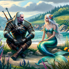 Witcher and a mermaid sitting peacefully on the shore of Toussaint
