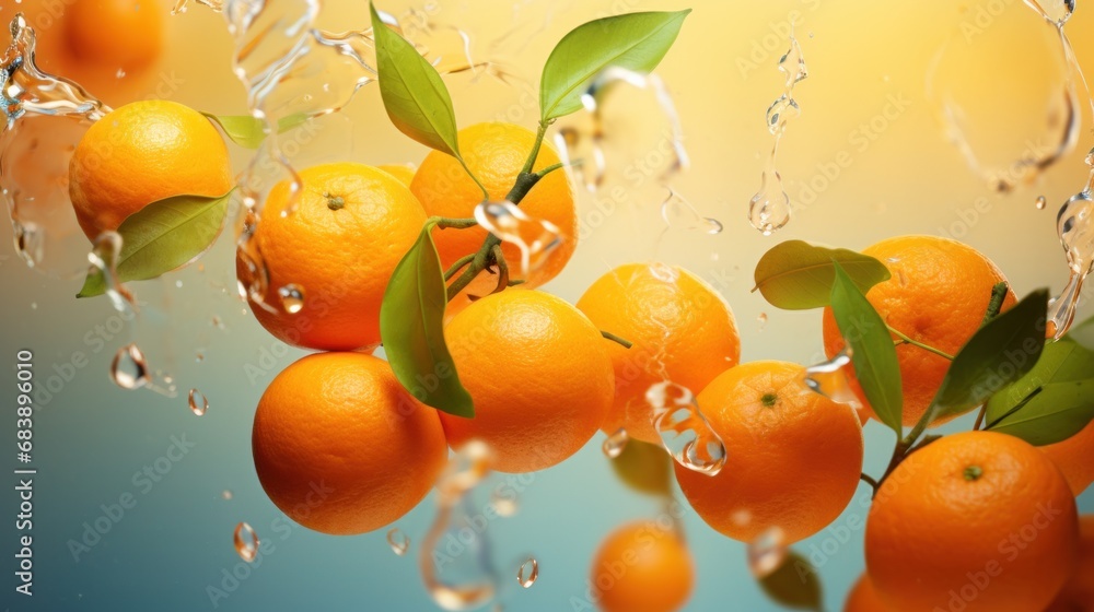 Poster a bunch of oranges floating in the air with leaves on top of them and water droplets on the bottom o