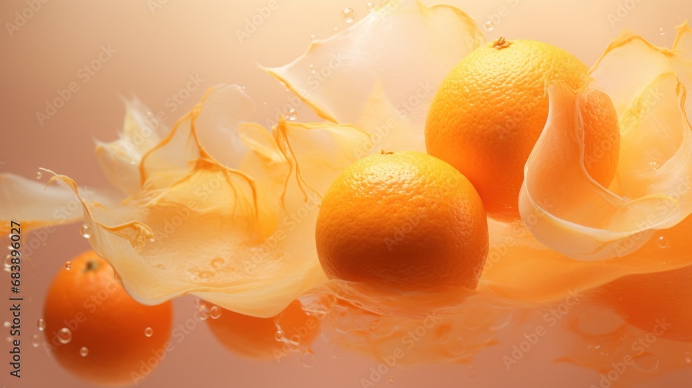 Poster a group of oranges sitting on top of a table next to a splash of water on top of them.