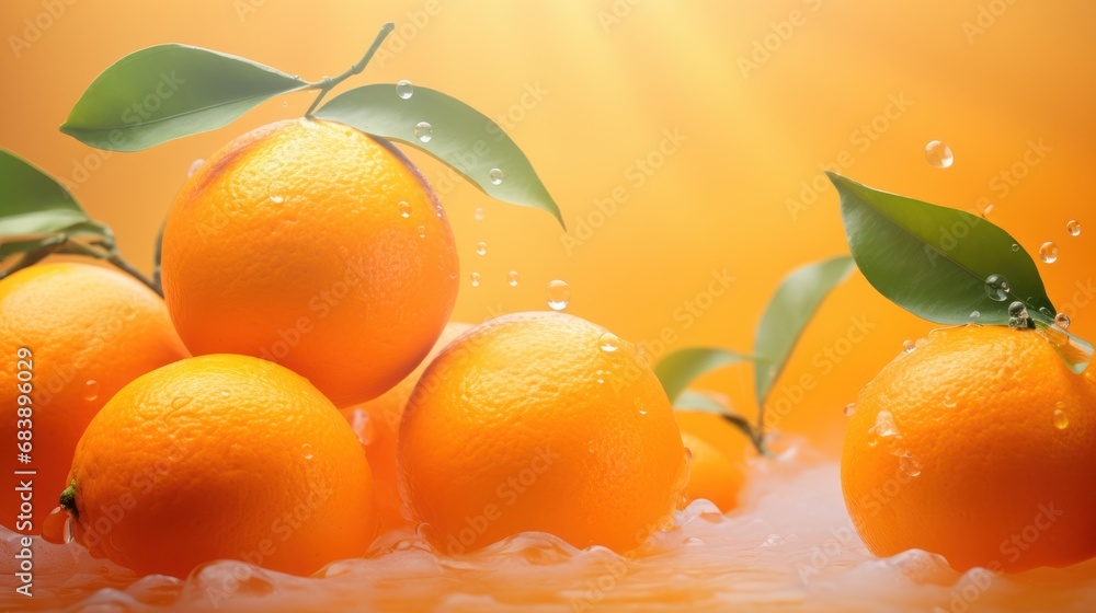 Poster a group of oranges sitting on top of a table with water splashing off of the top of them.