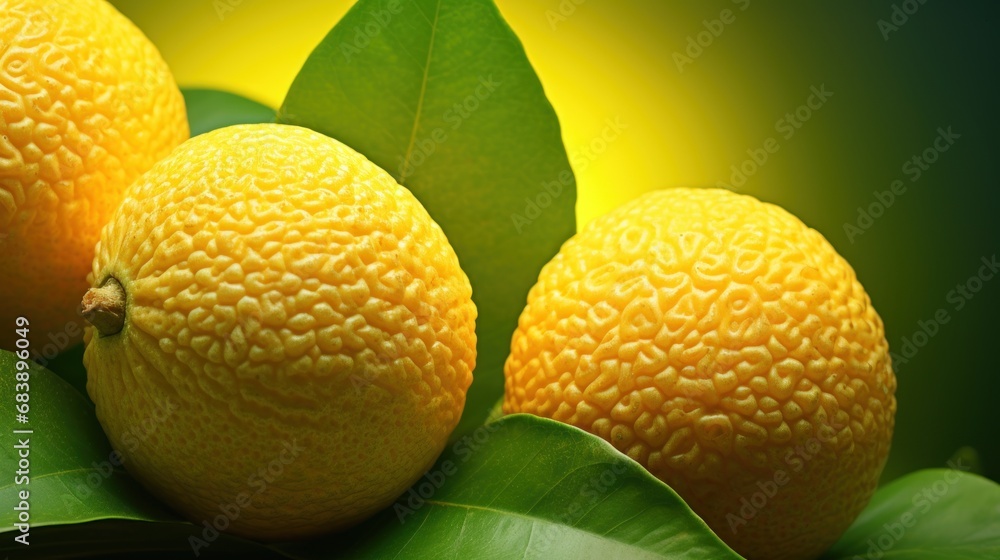 Poster a group of three oranges sitting on top of a green leafy branch with a yellow light in the backgroun