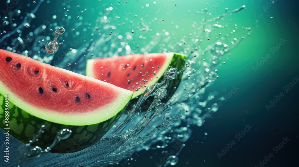 Poster a slice of watermelon falling into the water with a splash of water on the top of the slice.