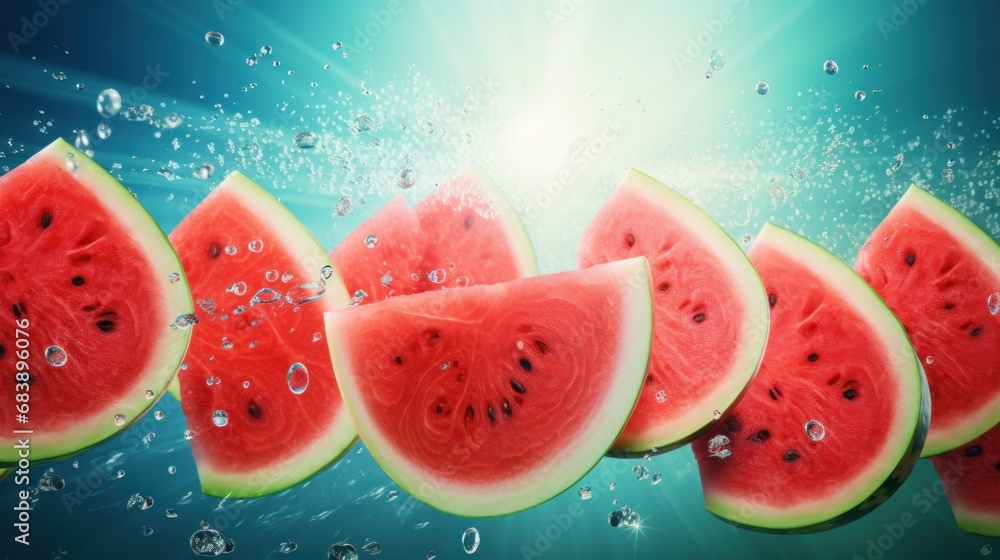Poster a group of slices of watermelon with bubbles on a blue background with a sunburst in the background.