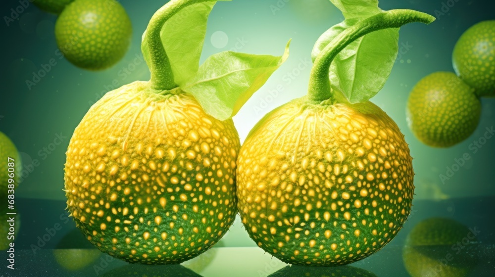Aufkleber a close up of two oranges with green leaves on top of them and a group of oranges in the background.