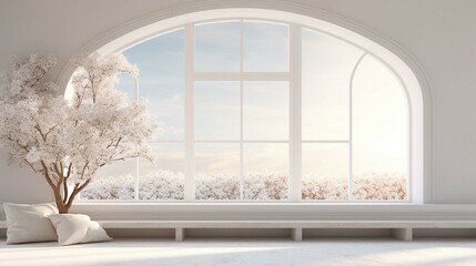 White empty room with winterlandscape in the window. Scandinavian interior design. create using a generative ai tool 