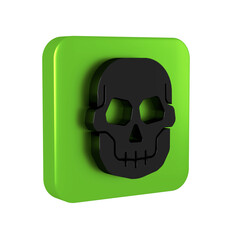 Black Skull icon isolated on transparent background. Happy Halloween party. Green square button.