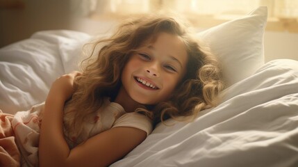Top view of cute smiling caucasian boy lying on the bed on a blanket with stars, dreaming child sleep time. create using a generative ai tool  - obrazy, fototapety, plakaty