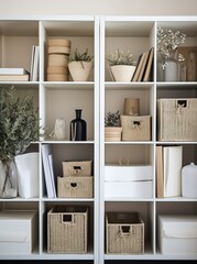white shelves contain several containers or storage boxes in different shades