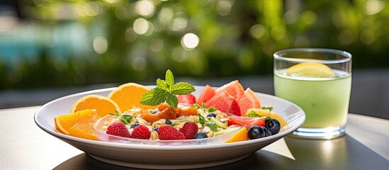 On a hot summer morning, a plate of healthy and delicious vegetarian food was served for breakfast, featuring a sweet and juicy orange fruit salad and a refreshing raw food smoothie. The vibrant