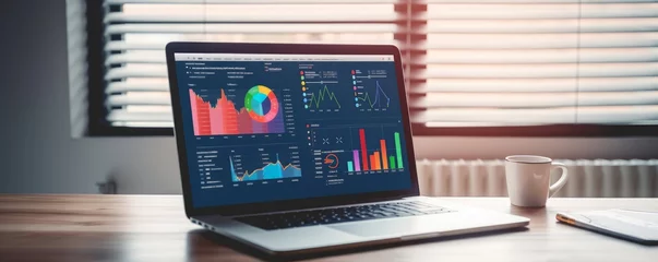 Foto op Canvas Business intelligence, BI power software visualize company data dashboard display on laptop screen for analysis chart and insight. Technology for business strategy. Panorama shot, Generative AI © Lens Legends