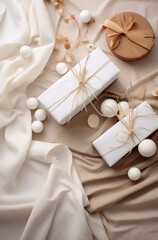 wrapping gifts and decorative elements on a beige background
