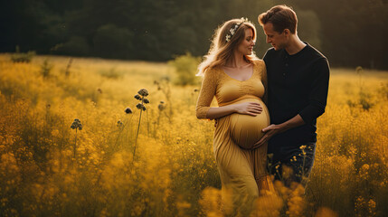 Couple expecting a child posing in a field - obrazy, fototapety, plakaty