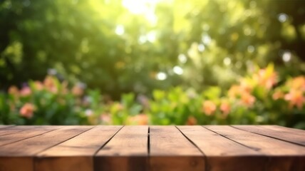The empty wooden table top with blur background of garden, Generative AI