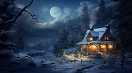 Beautiful winter landscape with a wooden house in the forest.