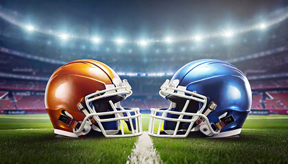 American football helmets facing each other on football field with stadium lights. Sports background