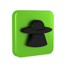 Black UFO flying spaceship icon isolated on transparent background. Flying saucer. Alien space ship. Futuristic unknown flying object. Green square button.