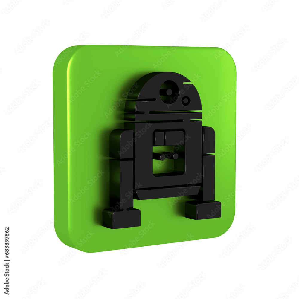 Poster black robot icon isolated on transparent background. green square button.
