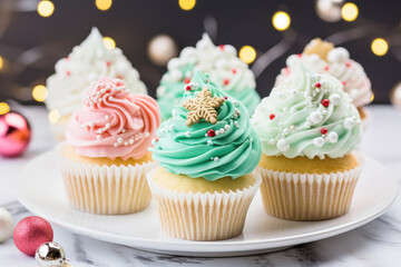 Obraz na płótnie Canvas Delicious Christmas festive cupcakes with colorful frosting and beautiful decorations.