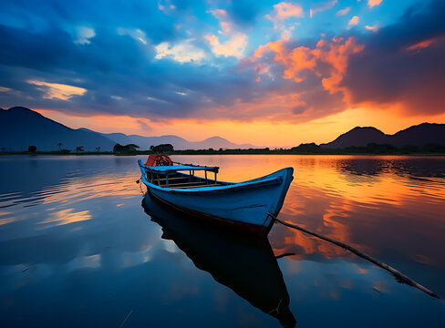 Sailboat sailing in fantasy view in the middle of the sea, sunset, amazing view, Silhouette, reflection.  