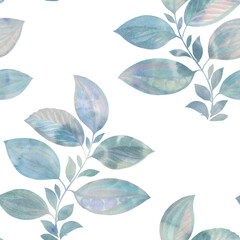 abstract seamless pattern drawn with watercolor paints, colorful leaves on a white background