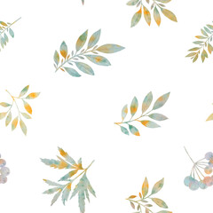 seamless botanical pattern, colorful watercolor leaves on a white background