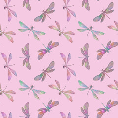 multi-colored dragonflies digitally drawn in watercolor, seamless pattern on a pink background for the design of wrapping paper, wallpaper, textiles
