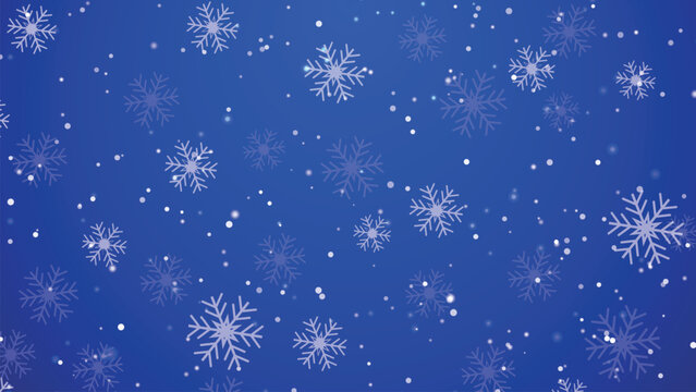 Realistic falling snow with snowflakes and clouds. Winter blue background for Christmas or New Year card. Stock royalty free vector illustration. 