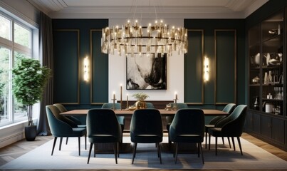 Interior design of Dining Room in Contemporary style with Statement Chandelier decorated with Velvet Chairs, Textured Rug material. Contemporary architecture. Generative AI