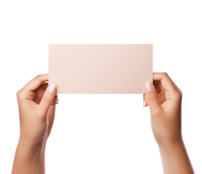 holding an empty note mockup with two hands to show a text sign or message, hand holding a blank paper note or business card mockup isolated on a transparent background