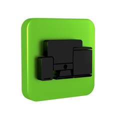 Obraz premium Black Computer monitor, graphic tablet and mobile phone icon isolated on transparent background. Earnings in the Internet, marketing. Green square button.
