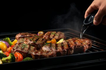Experienced Chef Cooking Delicious Beef Steak on Grill Pan with Copy Space on Black Background