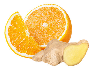 Ginger root and orange fruit isolated on white or transparent background. Piece of fresh ginger root and orange fruit.