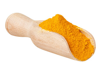 Curcuma or curcumin isolated on white or transparent background. Dry ground turmeric powder in wood spoon
