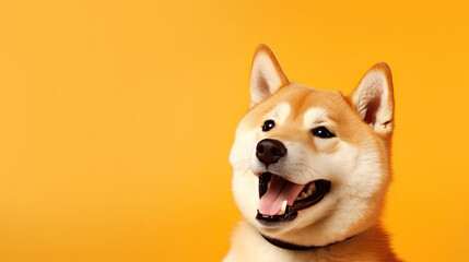 Portrait of an Shiba Inu dog on a yellow background with empty space for product placement or advertising text.