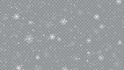 Realistic falling snow with snowflakes and clouds. Winter transparent background for Christmas or New Year card. Stock royalty free vector illustration. PNG