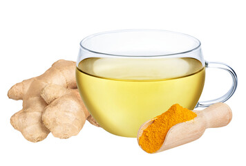 Cup of ginger and turmeric tea isolated on white or transparent background. Herbal hot drink with...
