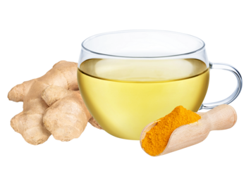 Cup of ginger and turmeric tea isolated on white or transparent background. Herbal hot drink with ginger and curcuma root. Alternative medicine, natural remedy for cold and cough