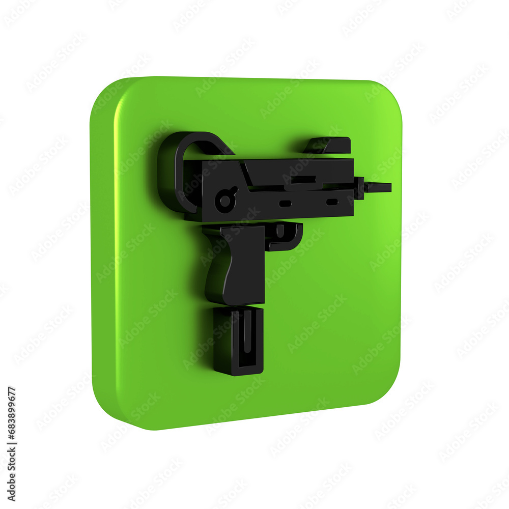 Poster black uzi submachine gun icon isolated on transparent background. automatic weapon. green square but