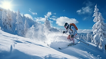 People skiing on amazing sunny day and beautiful nature around. copy space