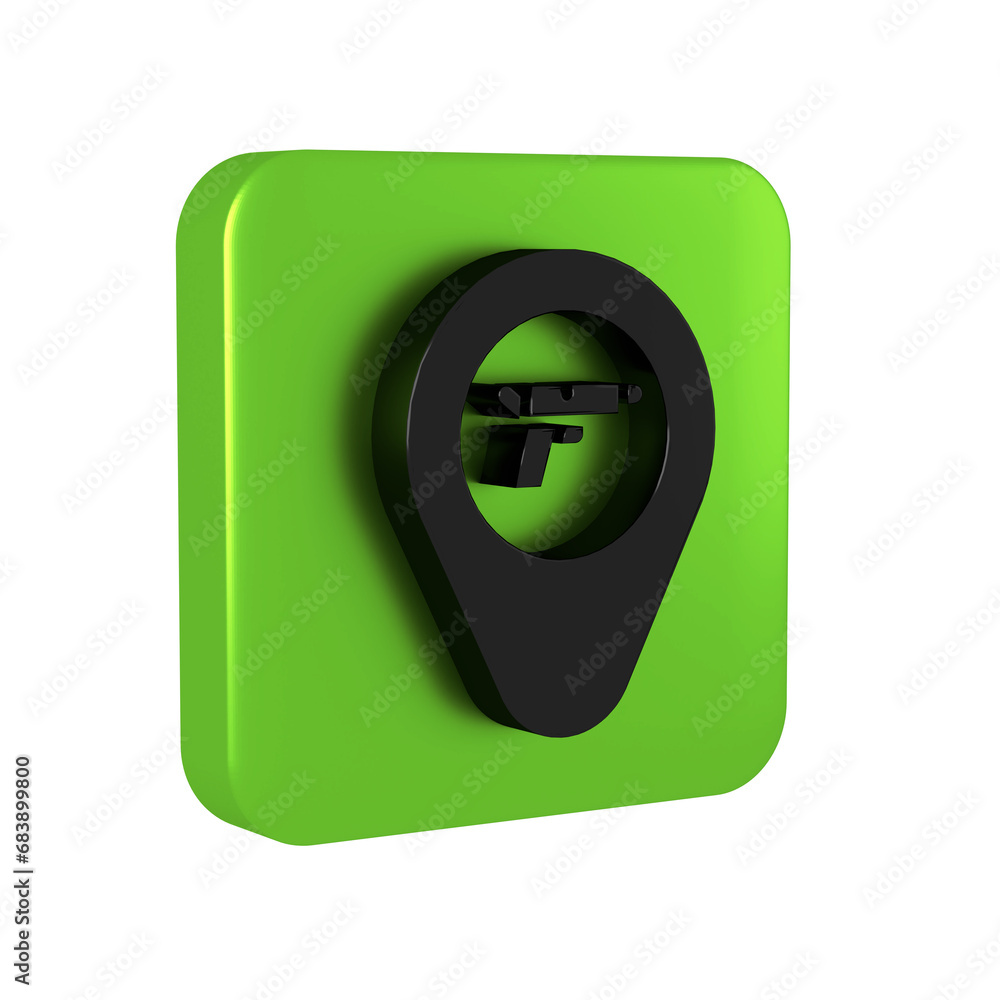 Poster black location with weapon icon isolated on transparent background. green square button.