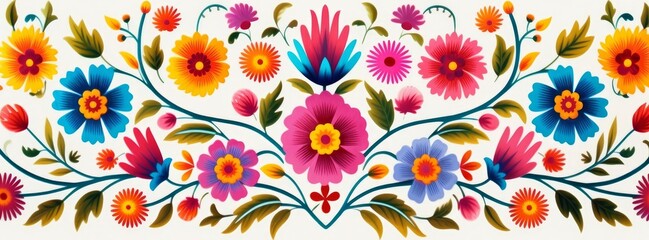 Colorful Mexican floral pattern on a white background, Generative AI - obrazy, fototapety, plakaty