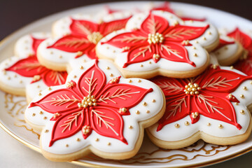 Fototapeta na wymiar Delicious sugar cookies in the shape of a beautiful Christmas poinsettia flowers.