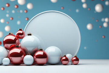 Scène 3D de nombreuses boules de Noël rouges et blanches - ambiance de fête de fin d'année et de joyeux Noël - fond bleu - espace vide pour écrire