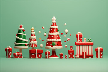 Scène 3D de plein de cadeaux rouges et blancs au pied d'un sapin - ambiance de fête de fin d'année et de joyeux Noël - fond vert - espace vide pour écrire - obrazy, fototapety, plakaty