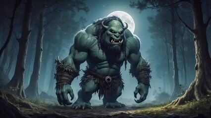 An ogre (feminine: ogress) is a legendary monster depicted as a large, hideous, man-like being that eats ordinary human beings. 4K - 8K - 12K TV. Generative AI. - obrazy, fototapety, plakaty
